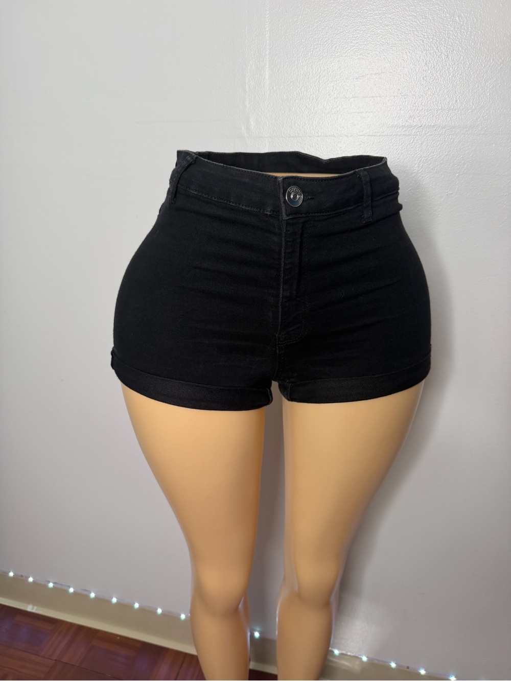 H&M Black High-Waist Cuffed Denim Shorts